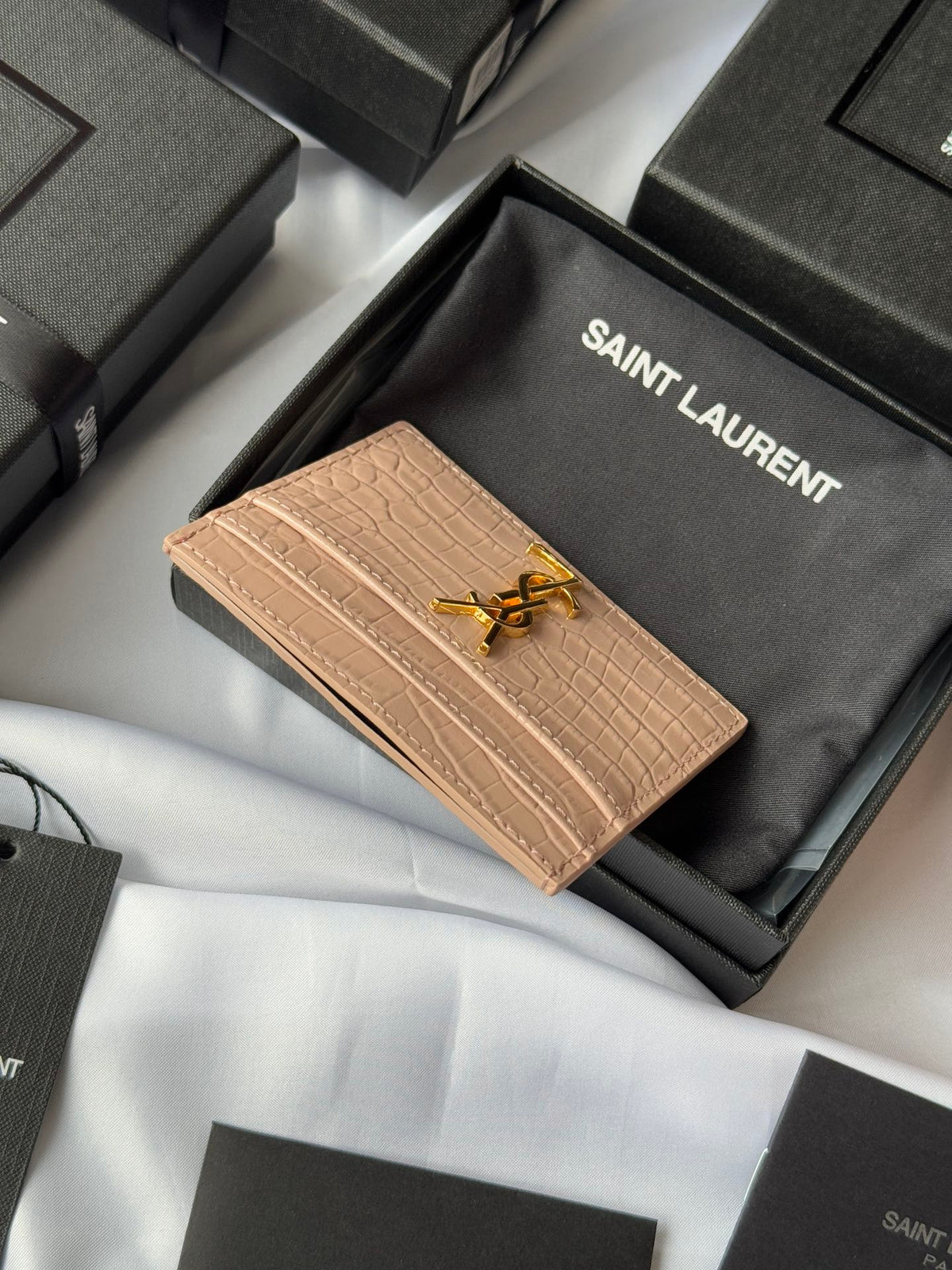YSL Card Holder 10cm Wallet Pink Gold Crocodile Leather 240557