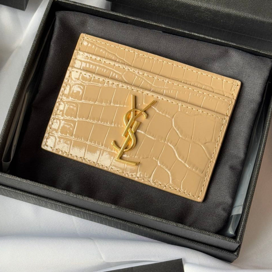 YSL Card Holder 10cm Wallet Beige Gold Crocodile Leather 240555