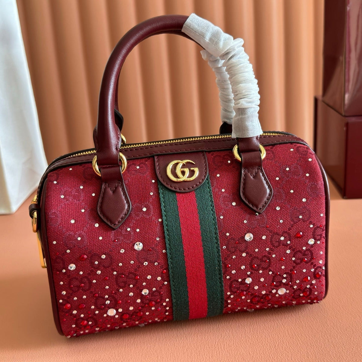 GG Ophidia Crystals Small Boston Bag 21cm Burgundy Canvas