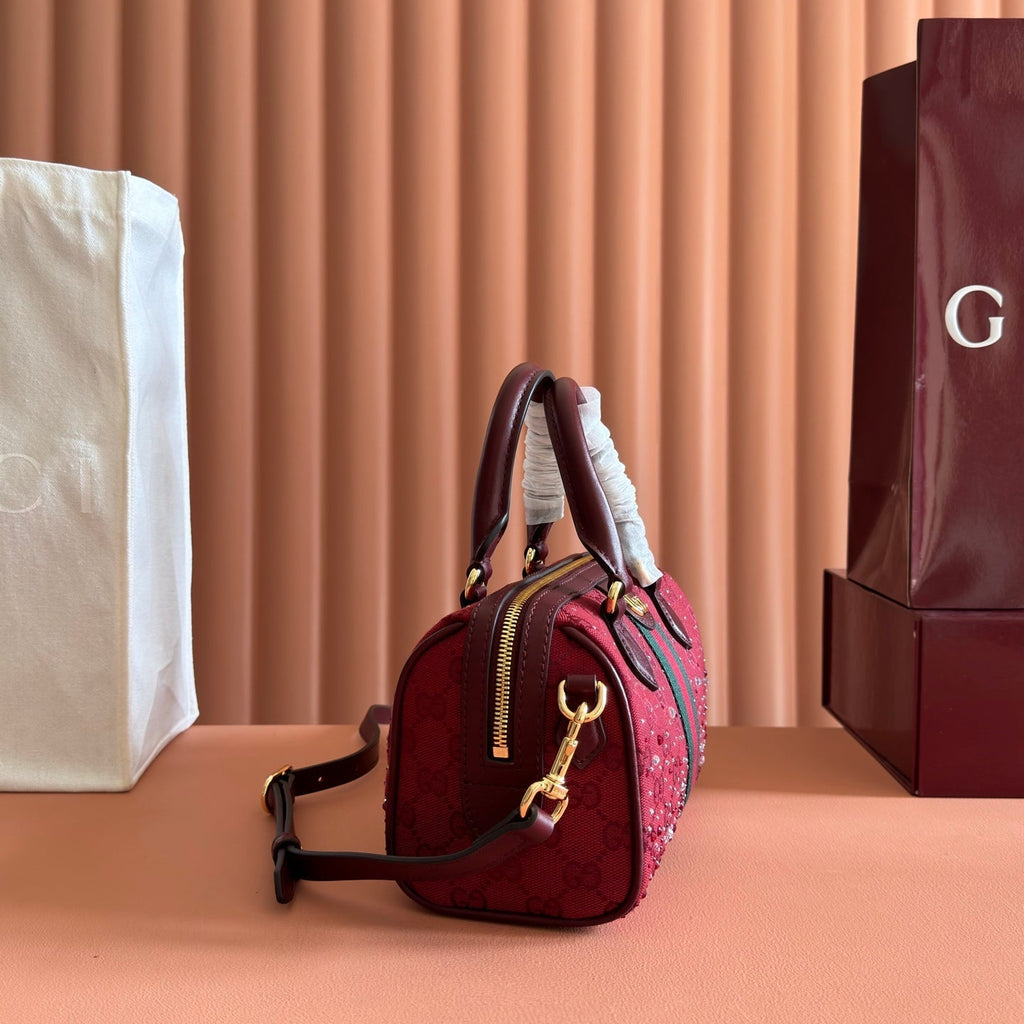 GG Ophidia Crystals Small Boston Bag 21cm Burgundy Canvas