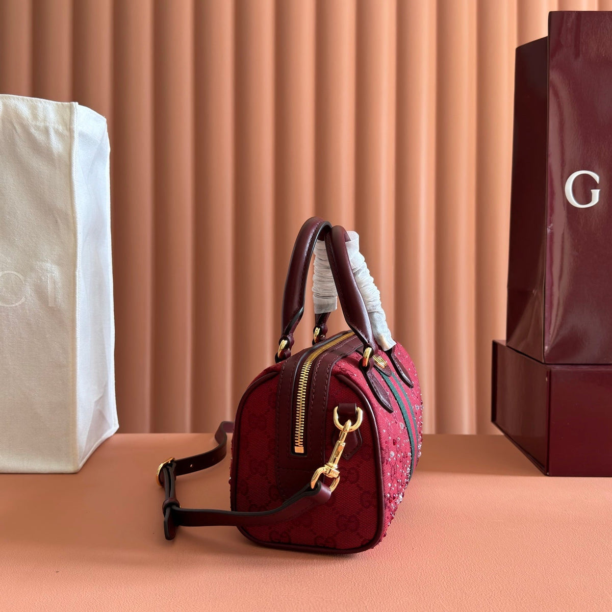 GG Ophidia Crystals Small Boston Bag 21cm Burgundy Canvas