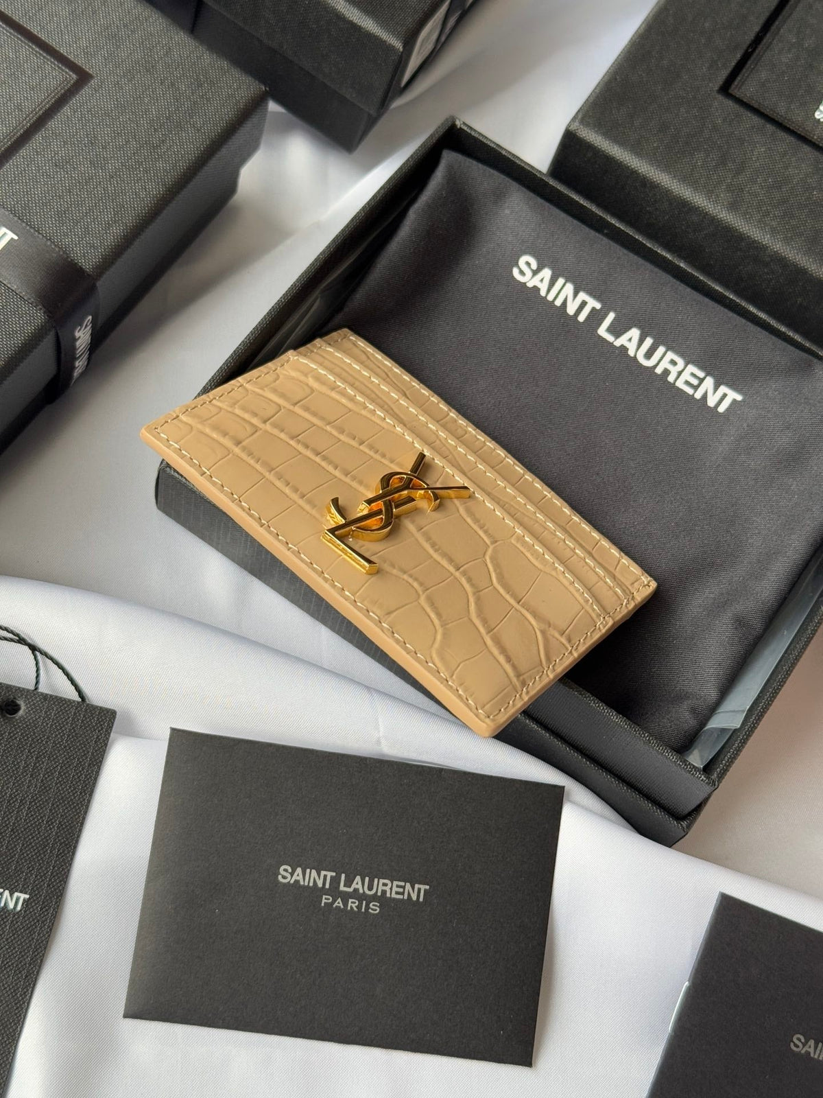 YSL Card Holder 10cm Wallet Beige Gold Crocodile Leather 240555