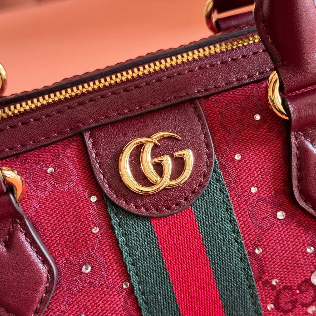 GG Ophidia Crystals Small Boston Bag 21cm Burgundy Canvas