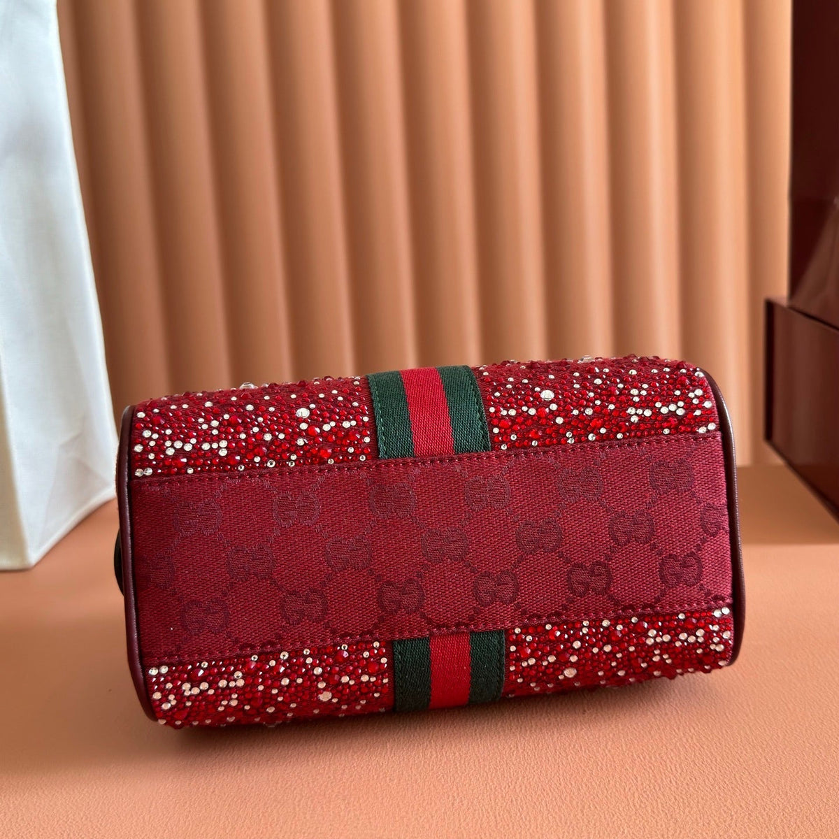 GG Ophidia Crystals Small Boston Bag 21cm Burgundy Canvas