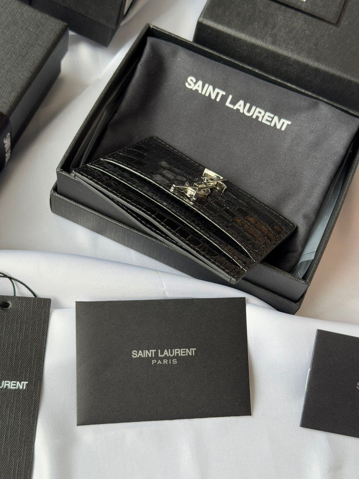 YSL Card Holder 10cm Wallet Black Silver Crocodile Leather 240554