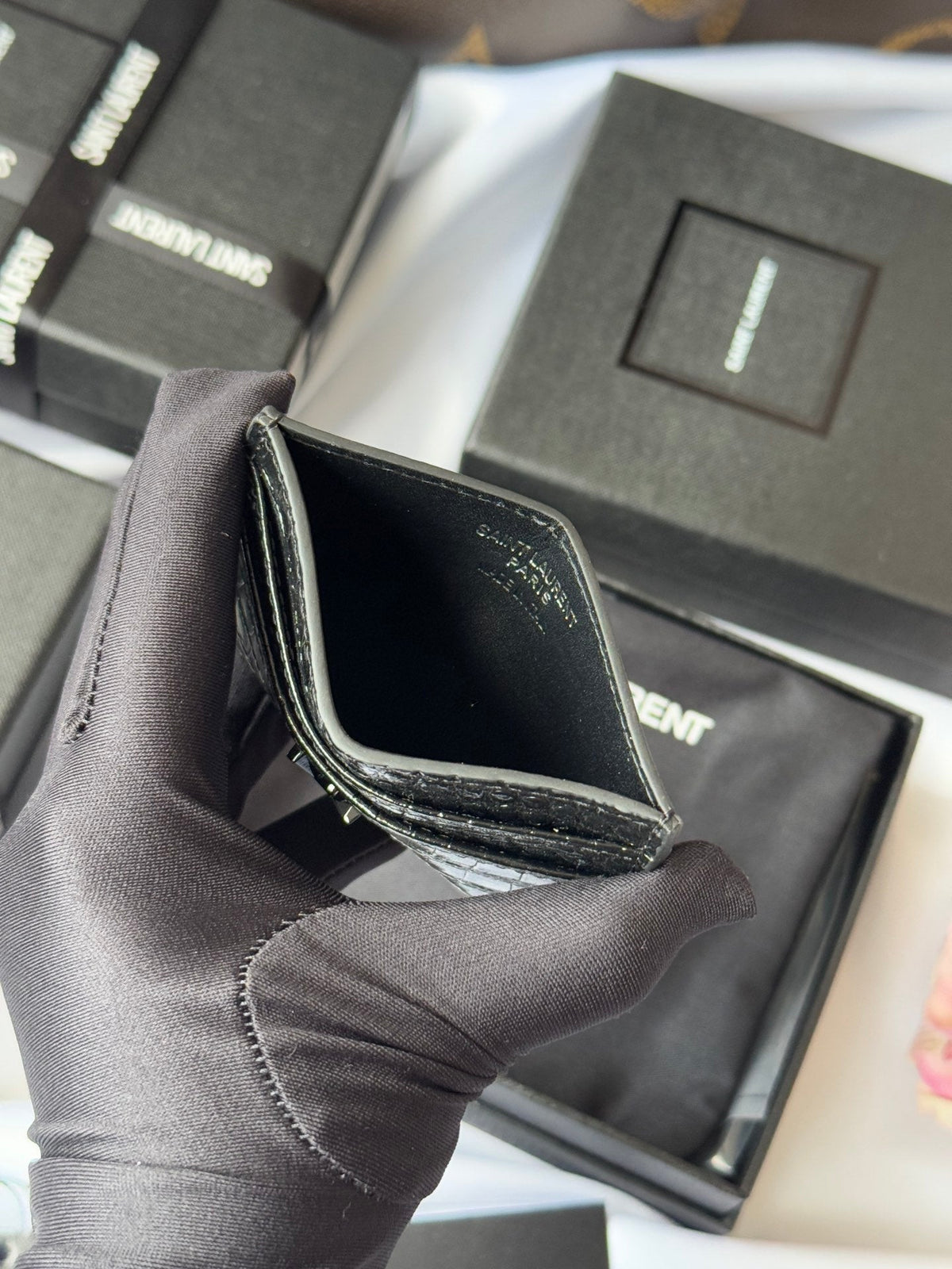 YSL Card Holder 10cm Wallet Full Black Crocodile Leather 240552