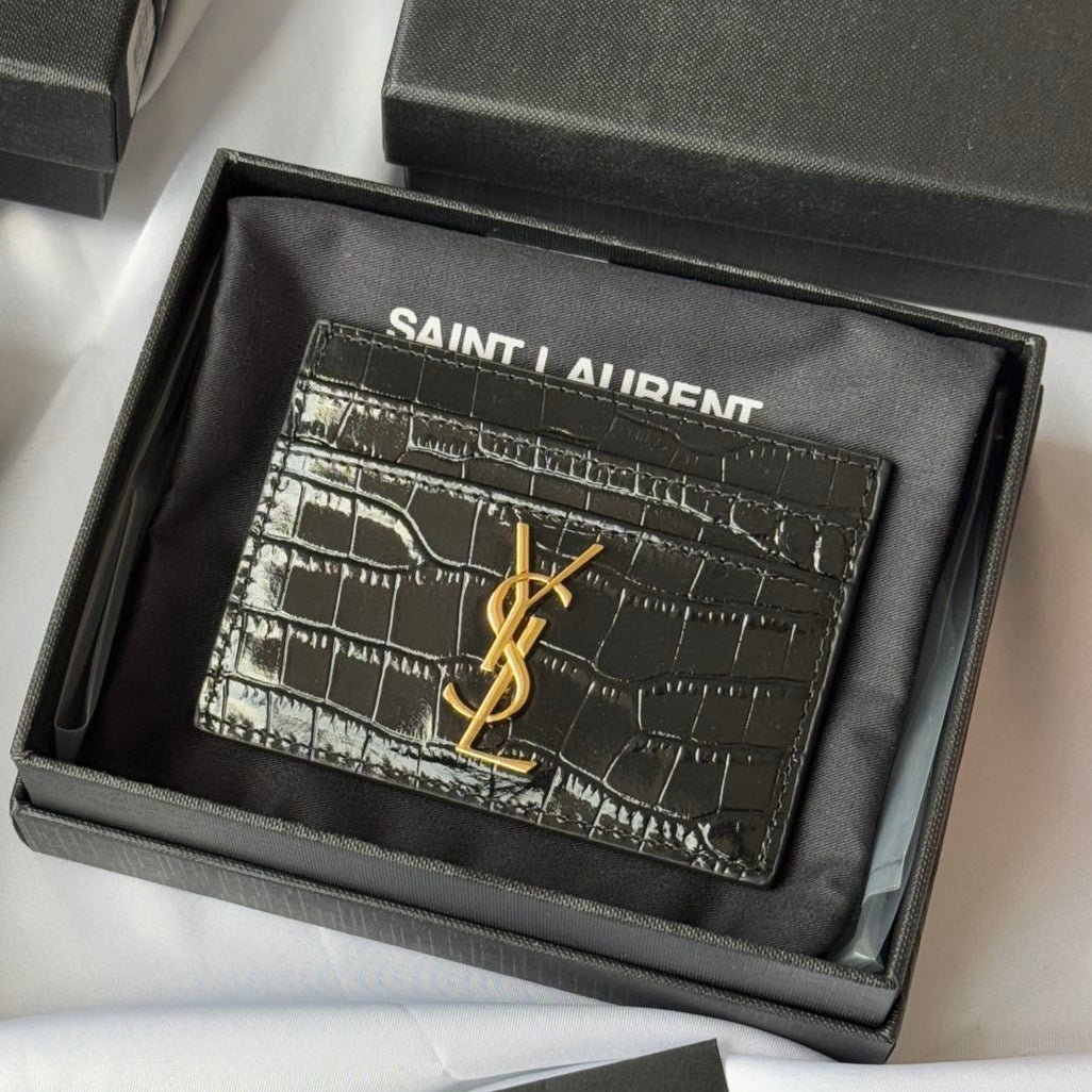 YSL Card Holder 10cm Wallet Black Gold Crocodile Leather 240550