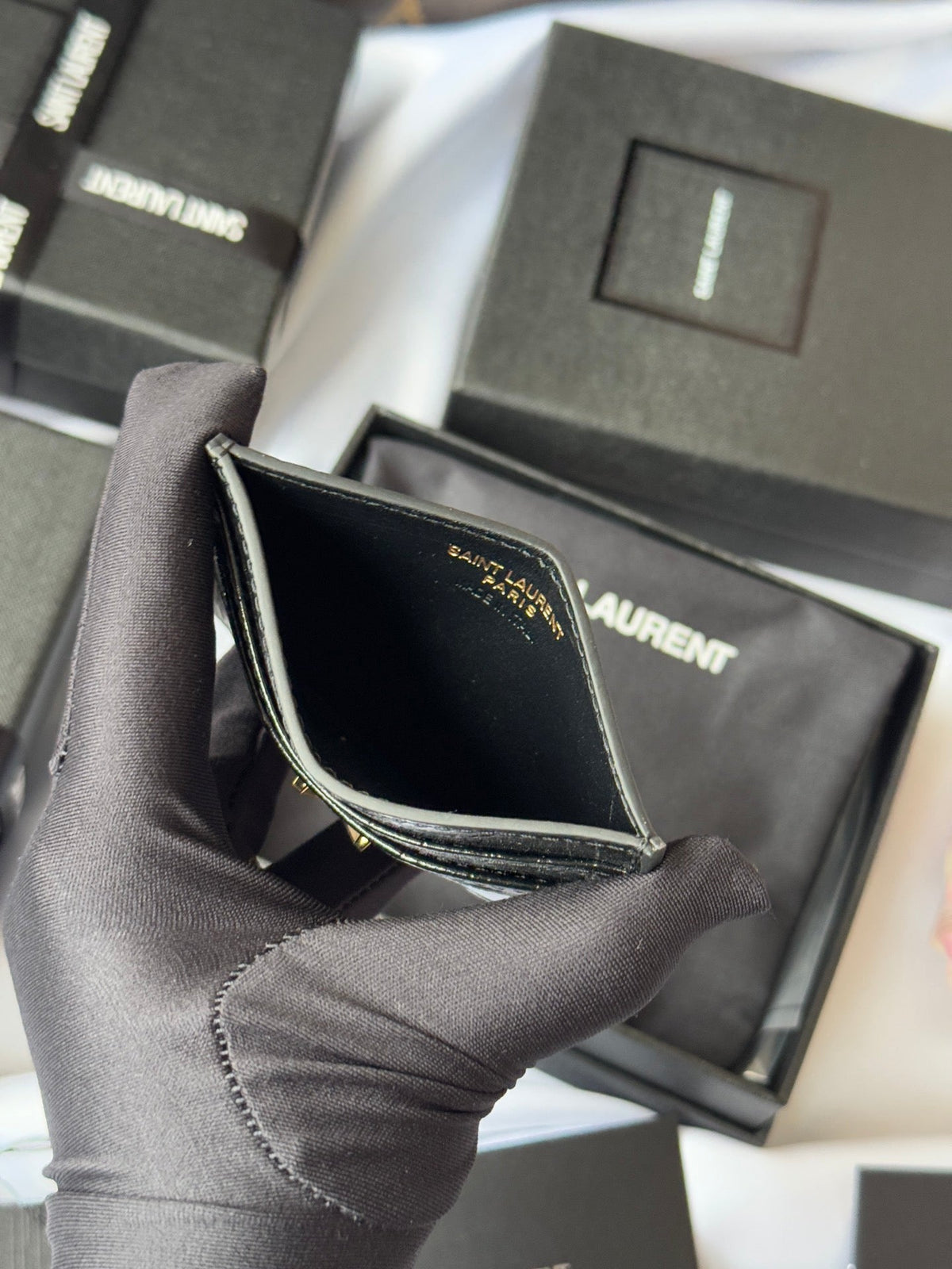 YSL Card Holder 10cm Wallet Black Gold Crocodile Leather 240550