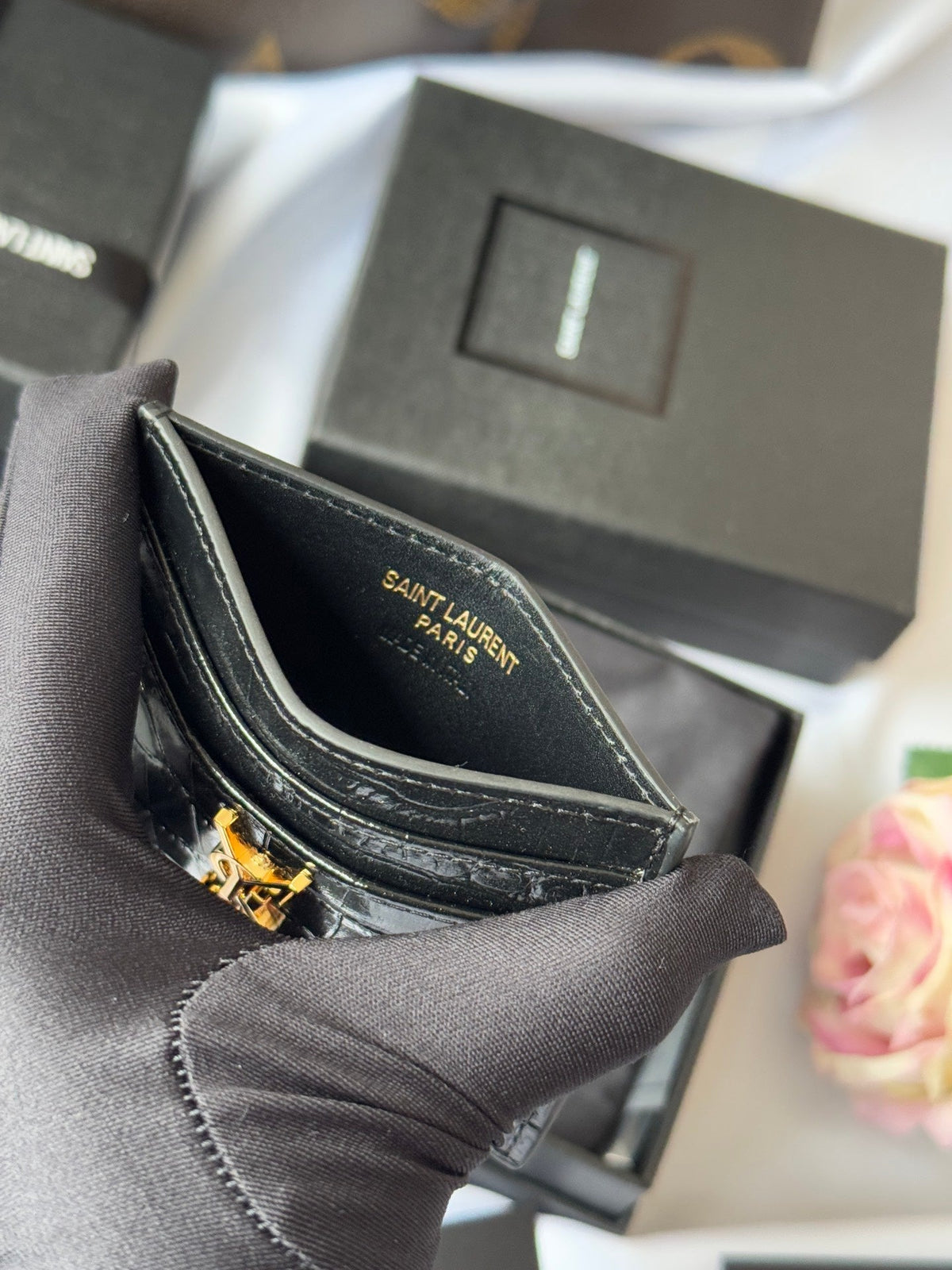 YSL Card Holder 10cm Wallet Black Gold Crocodile Leather 240550