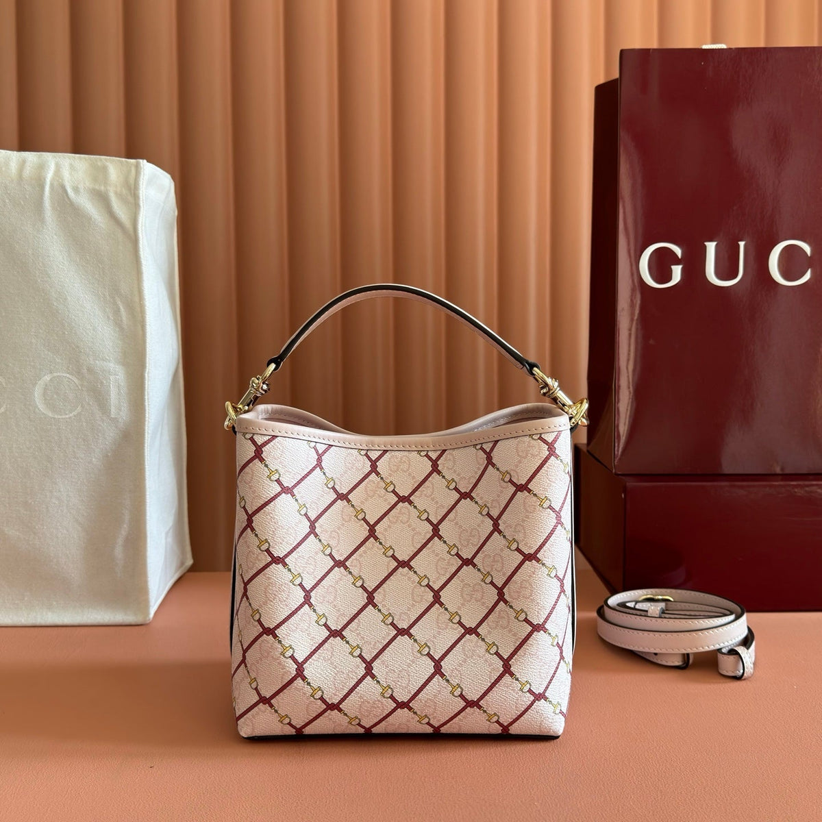 GG Emblem Small Bucket Bag Pink Red GG Fabric