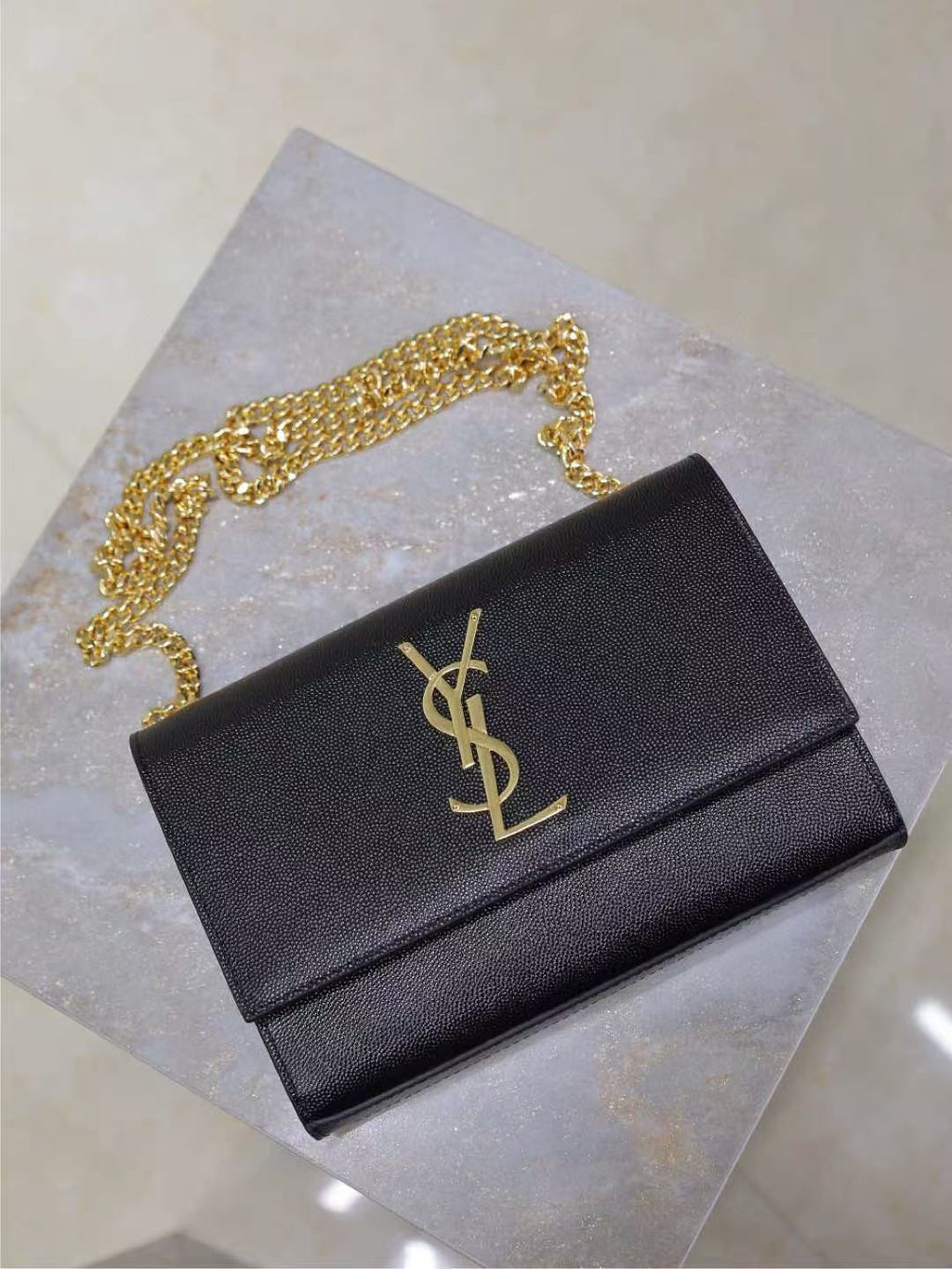 YSL Kate Small Chain Bag 20cm Black Gold Grained Calfskin