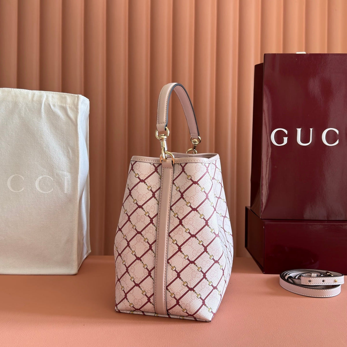 GG Emblem Bucket Bag 25cm Pink Red GG Fabric