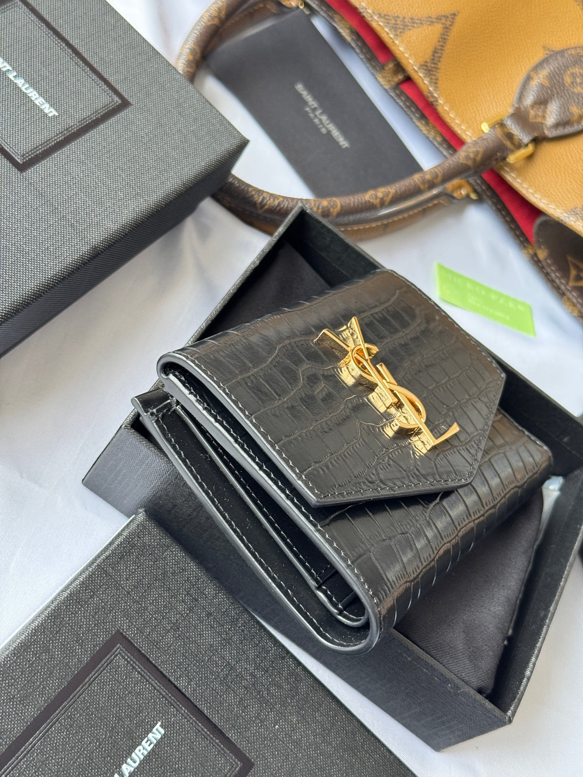 YSL Tri-fold Wallet 12cm Black Gold Alligator leather