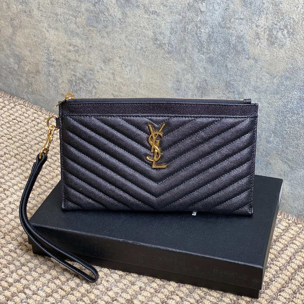 YSL Gold Hardware Logo Zipper Clutch 23cm Black Caviar Cowhide