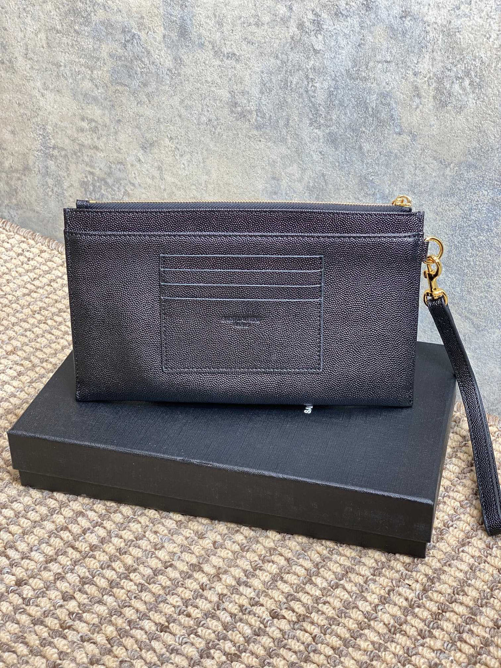 YSL Gold Hardware Logo Zipper Clutch 23cm Black Caviar Cowhide