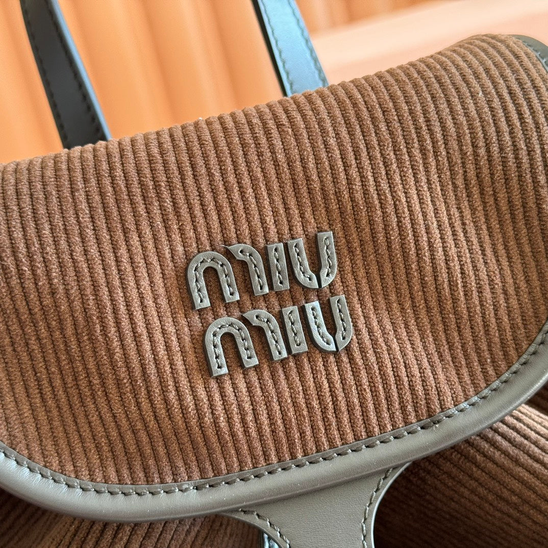 Miu Medium Corduroy Backpack Dark Brown Leather-Trim