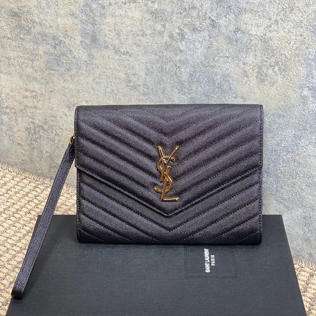 YSL Gold Hardware Logo Clutch 21cm Black Caviar Cowhide