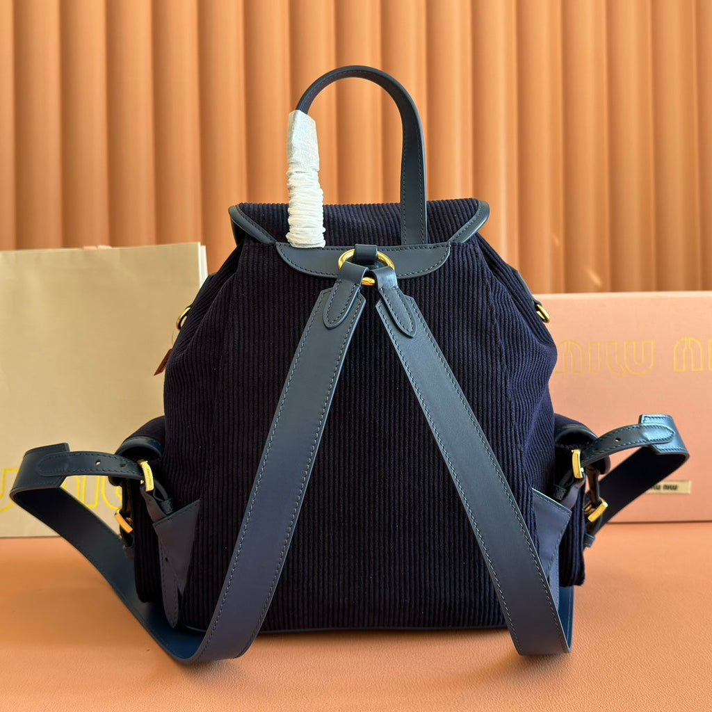 Miu Medium Corduroy Backpack Navy Blue Leather-Trim
