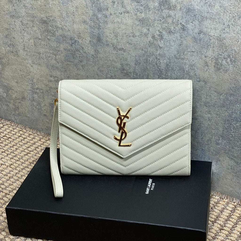 YSL Gold Hardware Logo Clutch 21cm White Caviar Cowhide
