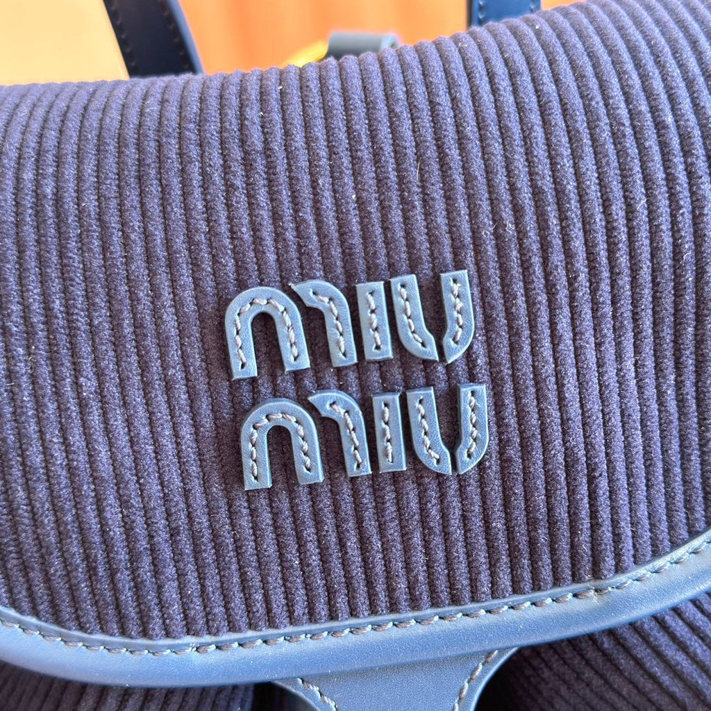 Miu Medium Corduroy Backpack Navy Blue Leather-Trim