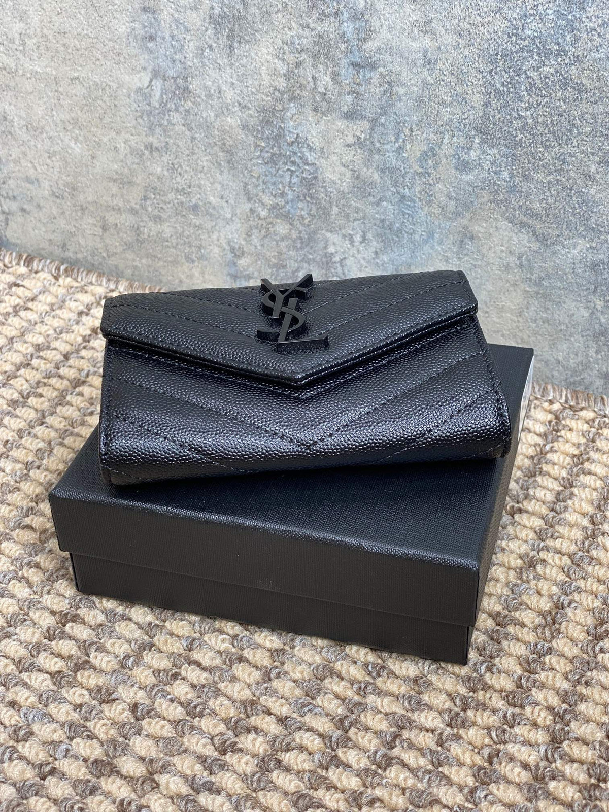 YSL Monogram Card Flap Wallet 13.5cm All Black Caviar Cowhide