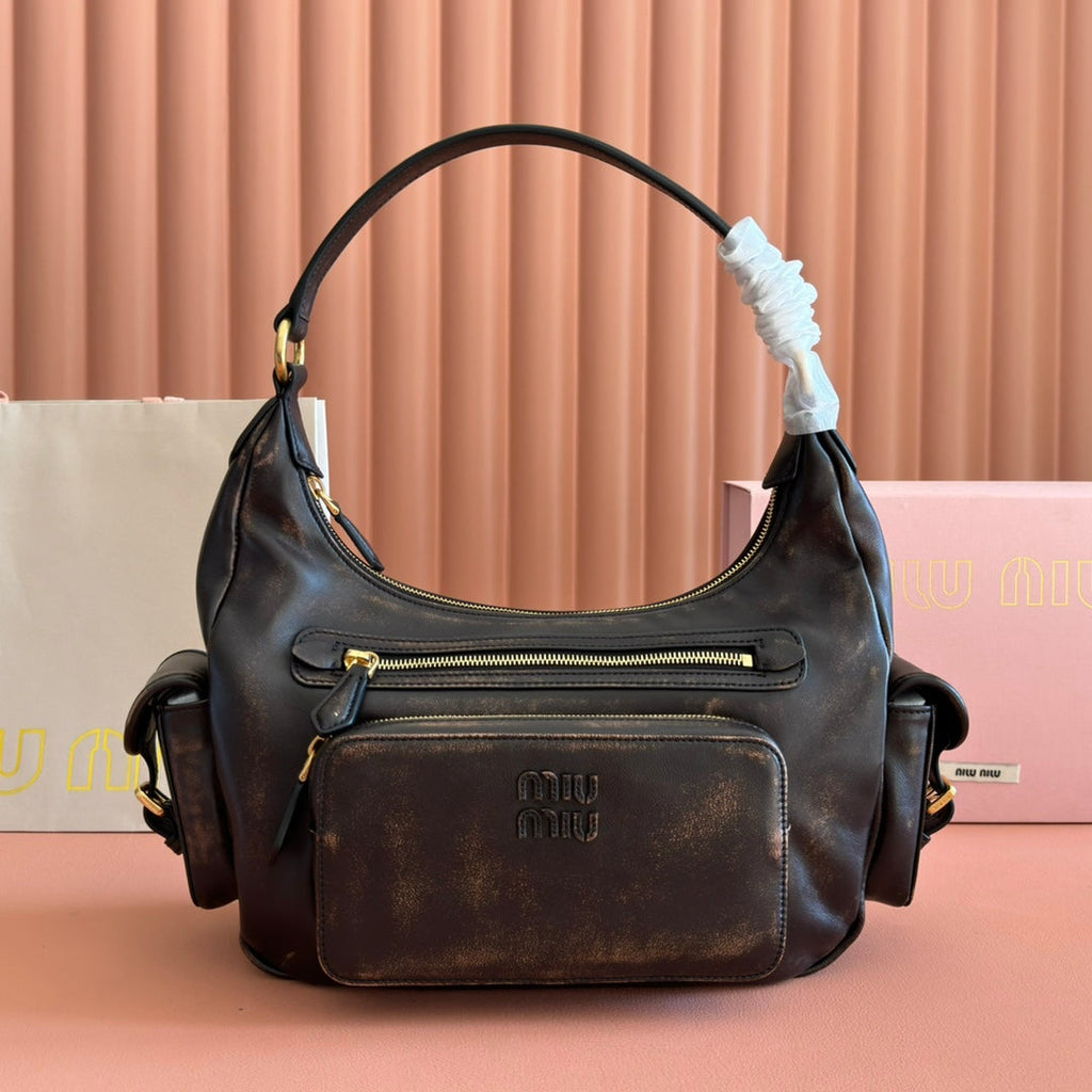 Miu Pocket Shoulder Bag Brown Calfskin