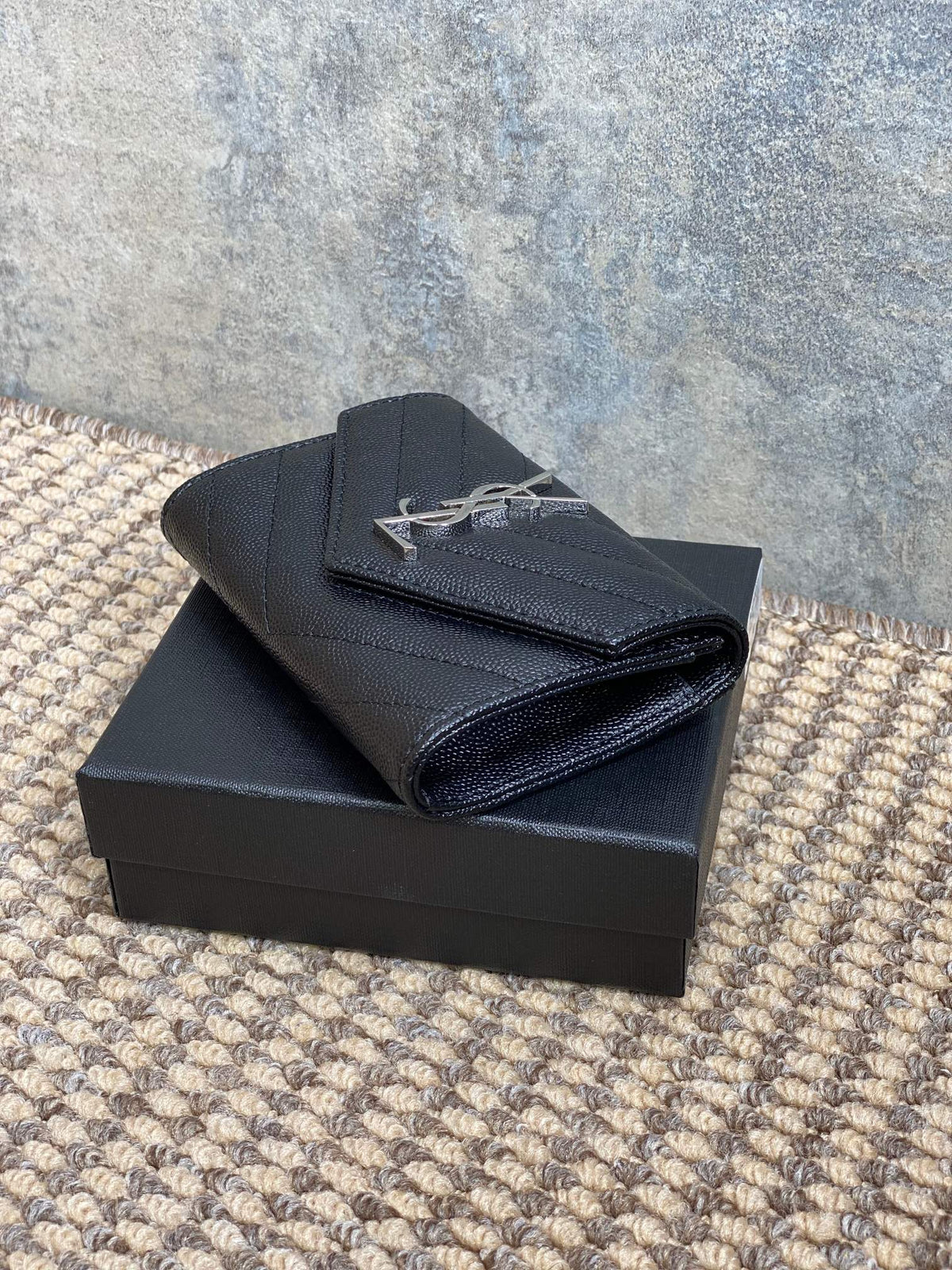 YSL Sliver Logo Monogram Card Flap Wallet 13.5cm Black Caviar Cowhide