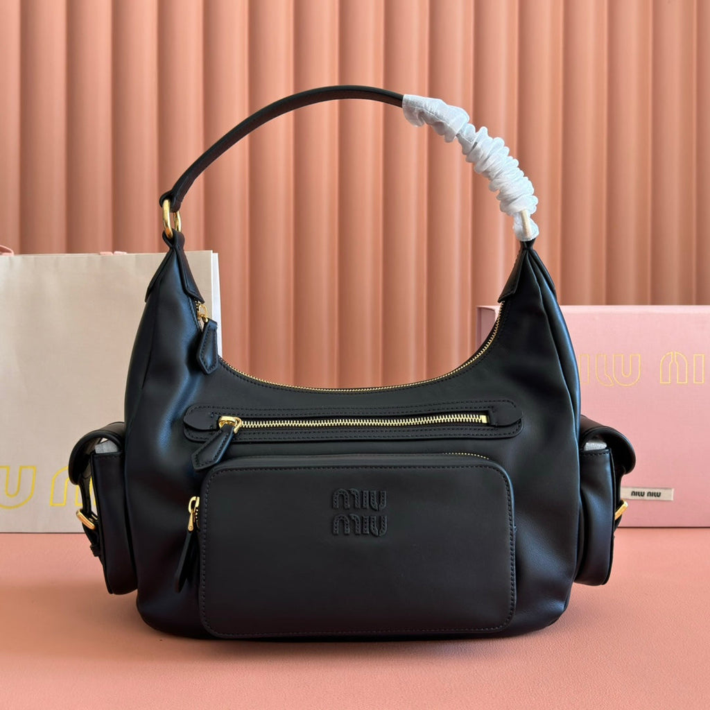 Miu Pocket Shoulder Bag Black Calfskin