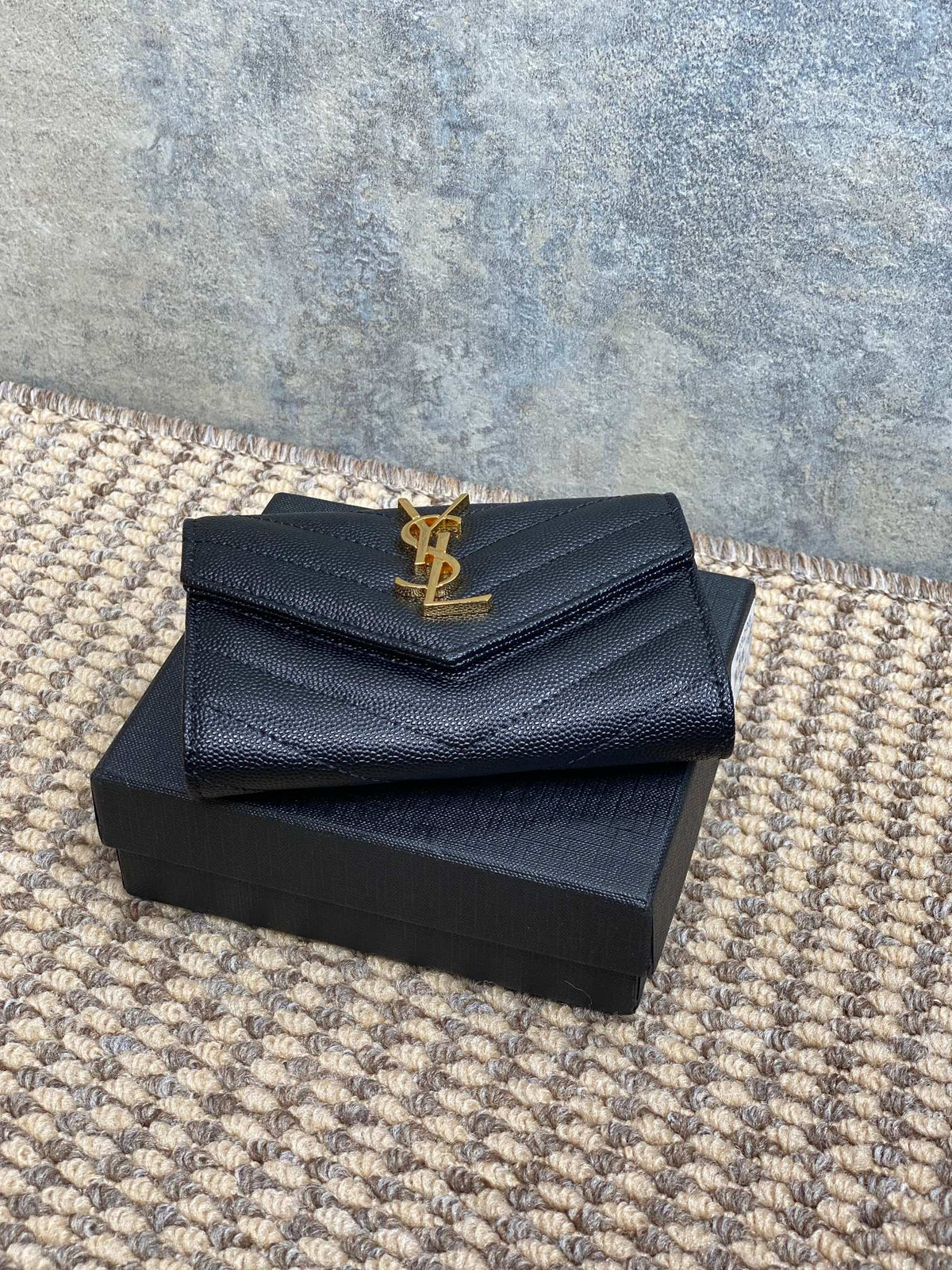 YSL GHW Logo Monogram Card Flap Wallet 13.5cm Black Caviar Cowhide