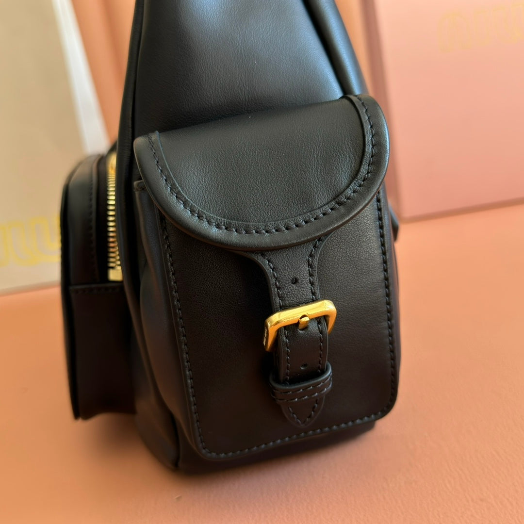 Miu Pocket Shoulder Bag Black Calfskin
