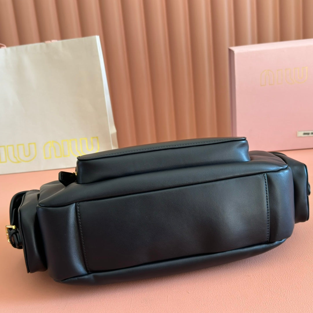 Miu Pocket Shoulder Bag Black Calfskin