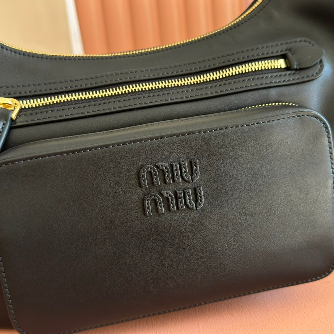Miu Pocket Shoulder Bag Black Calfskin