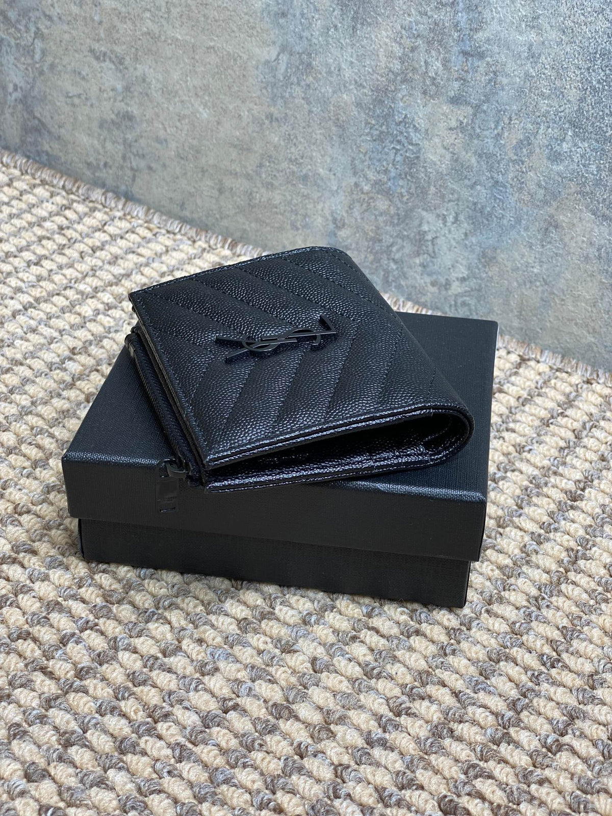 YSL Cassandre Matelassé Bi-Fold Wallet Full Black Caviar Cowhide