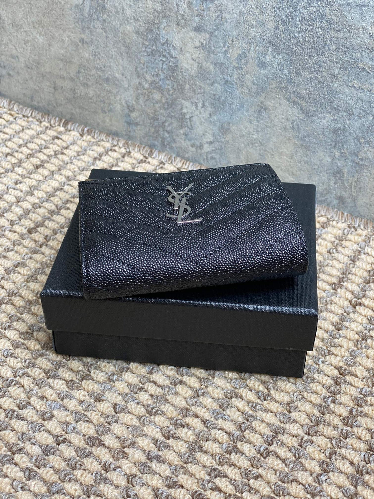 YSL Cassandre Matelassé Bi-Fold Wallet Black Caviar Cowhide Sliver HW