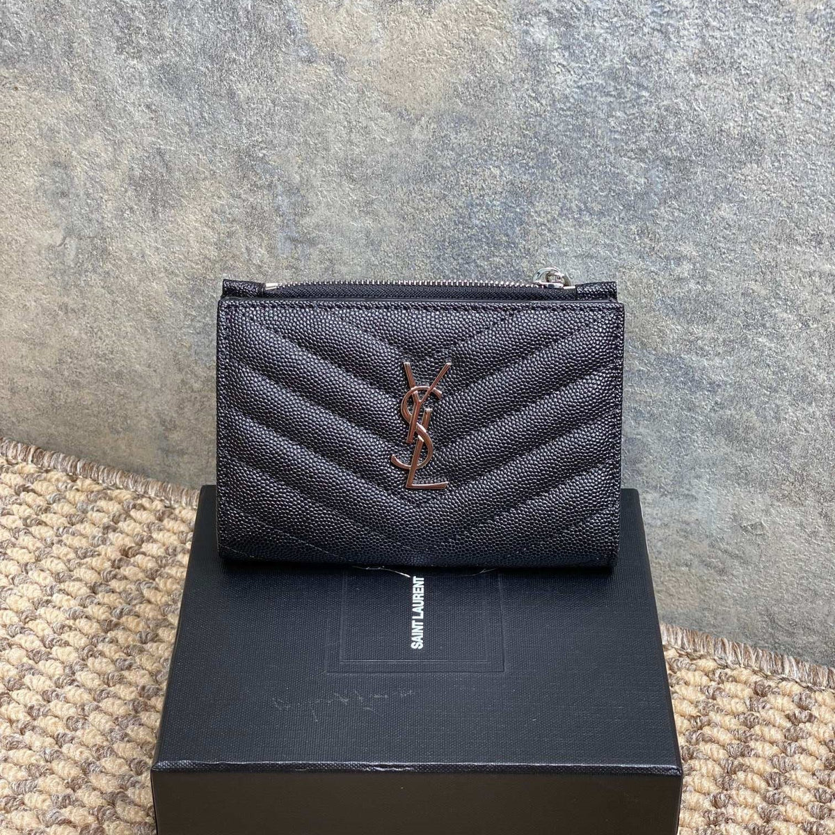 YSL Monogram Wallet Wallet 13cm Black Caviar Cowhide Sliver HW