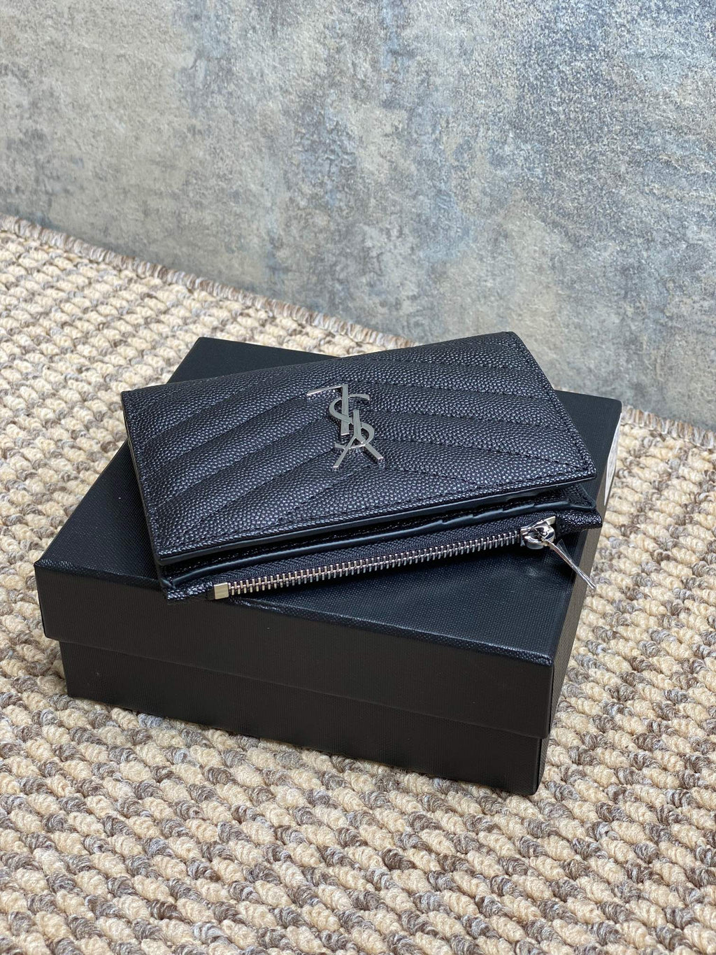 YSL Monogram Wallet Wallet 13cm Black Caviar Cowhide Sliver HW
