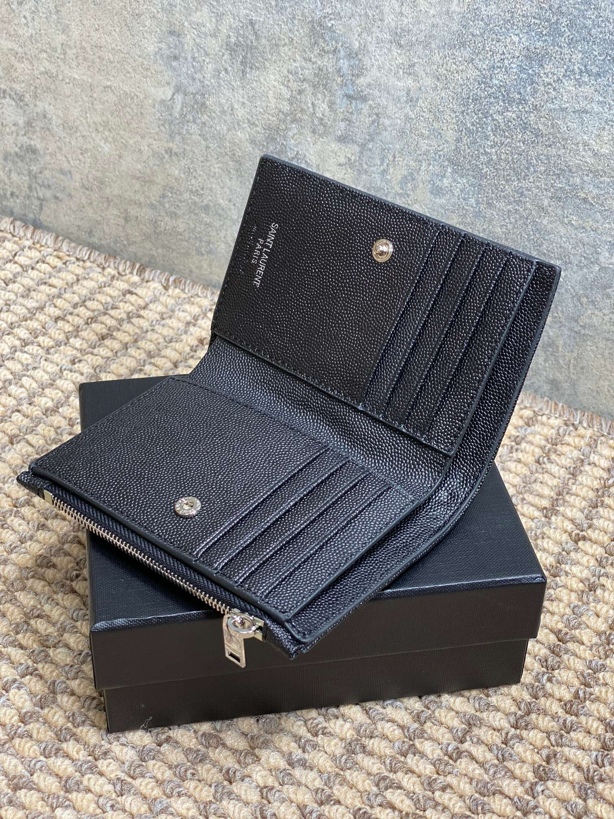 YSL Monogram Wallet Wallet 13cm Black Caviar Cowhide Sliver HW