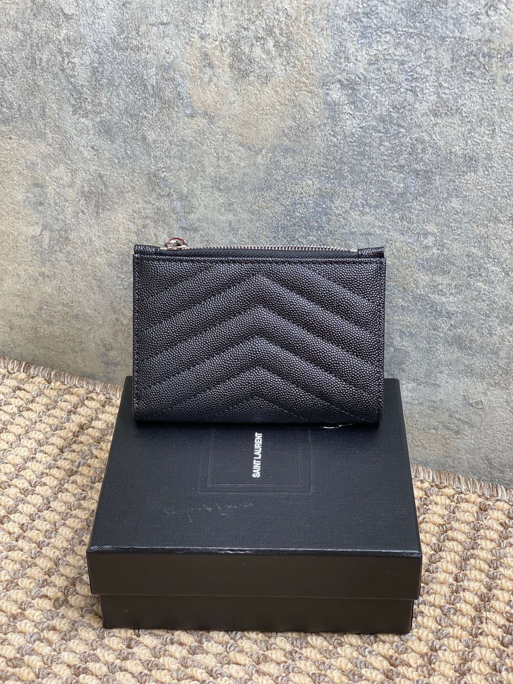 YSL Monogram Wallet Wallet 13cm Black Caviar Cowhide Sliver HW