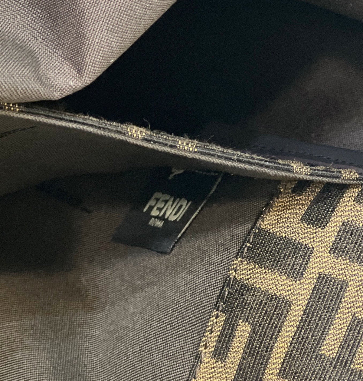 FENDI TOTE 41 BAG IN BROWN MIX BLACK MONOGRAM CANVAS GOLD HARDWARE