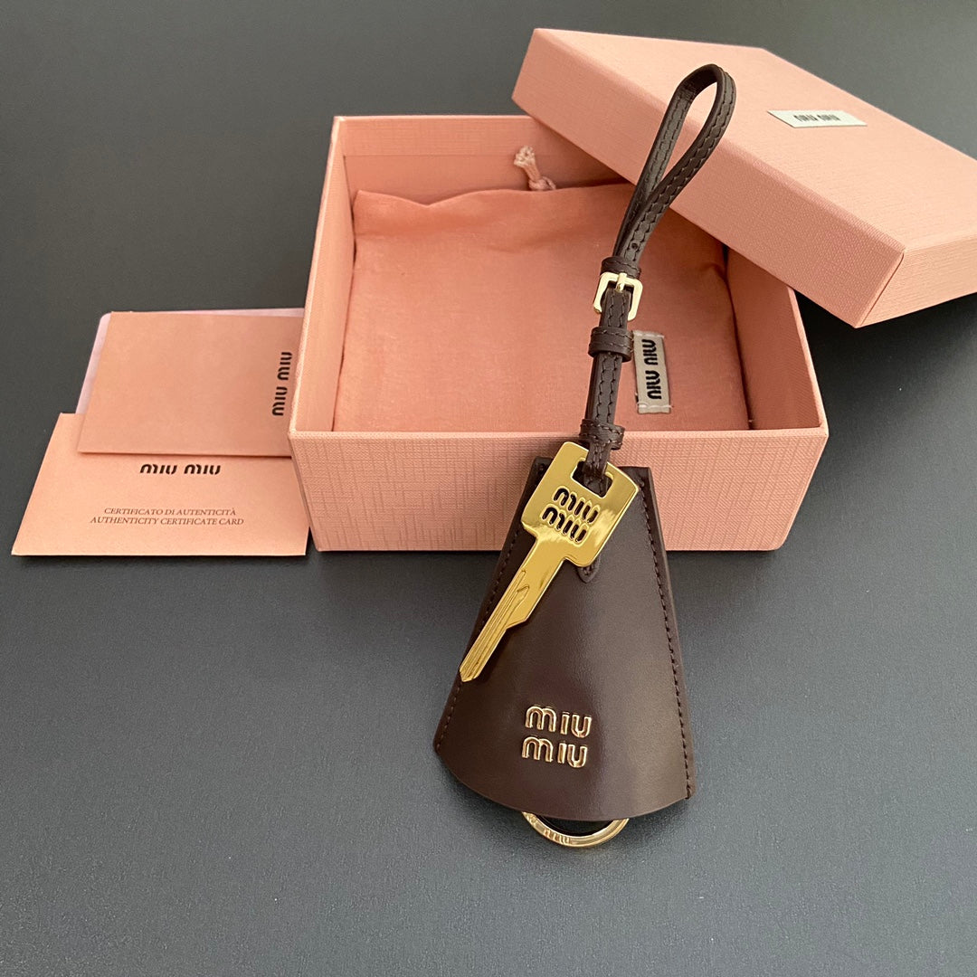 Leather Bag Charm With Key Chocolate Calfskin 240337