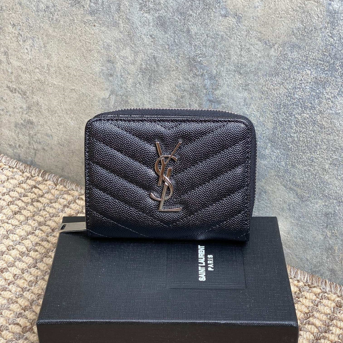 YSL Cassandre Matelassé Compact Zip-Around Wallet Black Caviar Cowhide Sliver HW