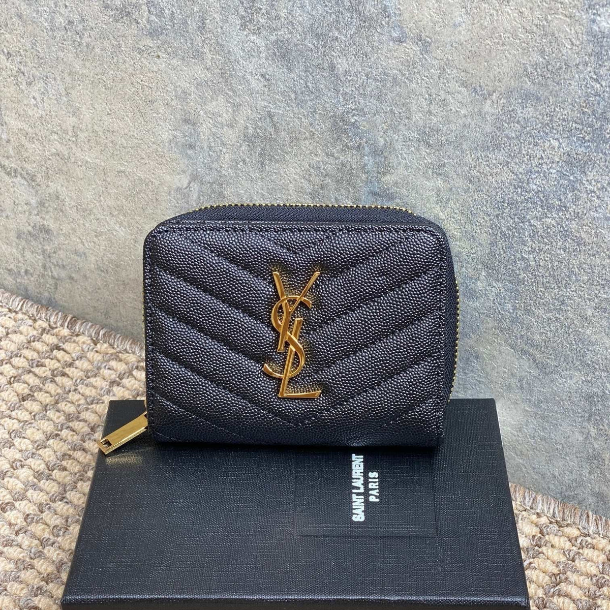 YSL Cassandre Matelassé Compact Zip-Around Wallet Black Caviar Cowhide GHW