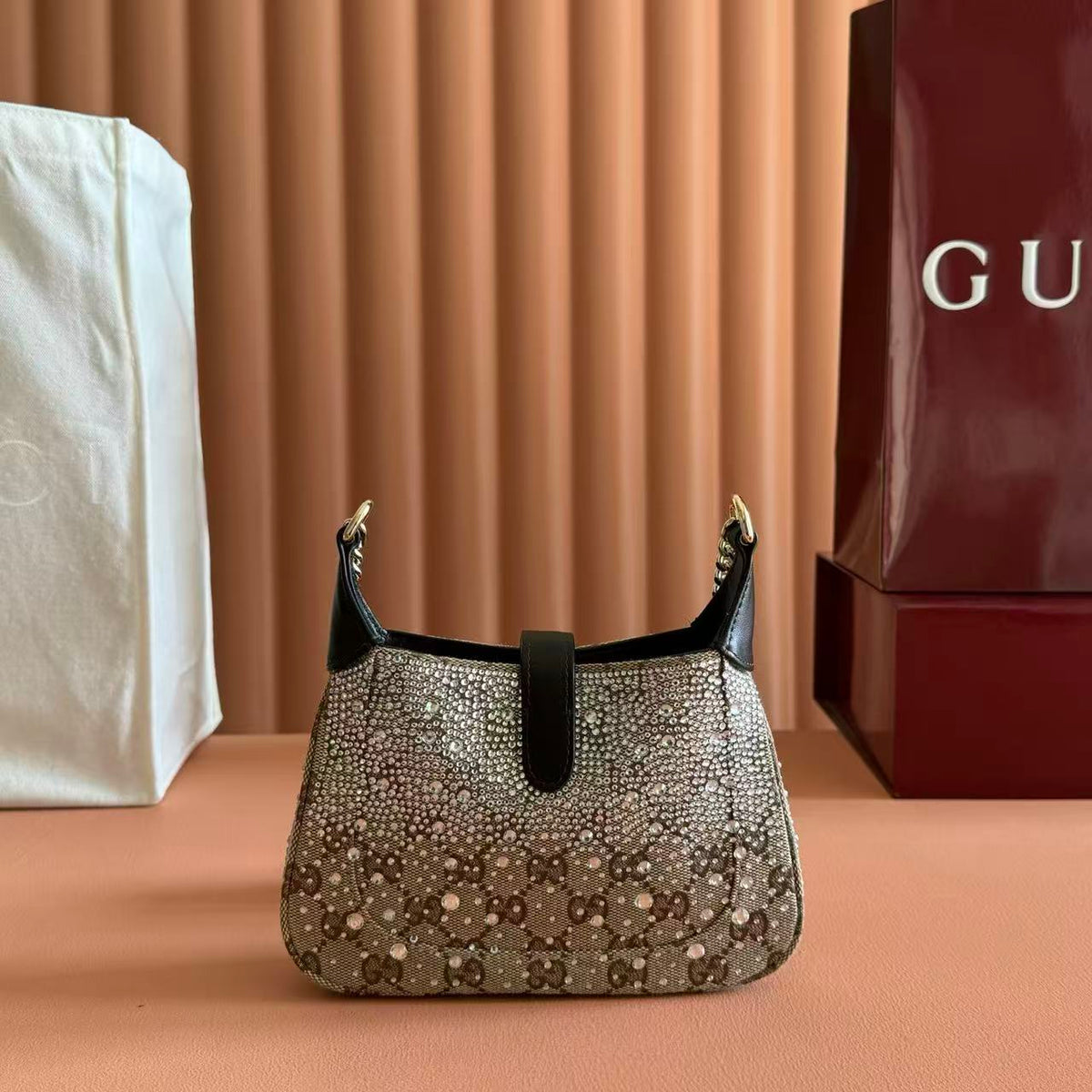 GG Jackie Notte Mini Crystal Bag Beige Brown Canvas