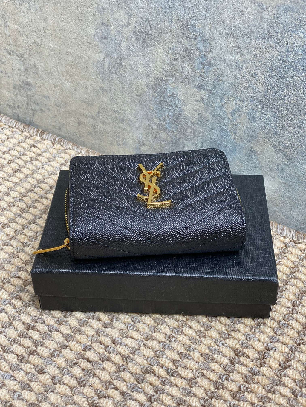 YSL Cassandre Matelassé Compact Zip-Around Wallet Black Caviar Cowhide GHW