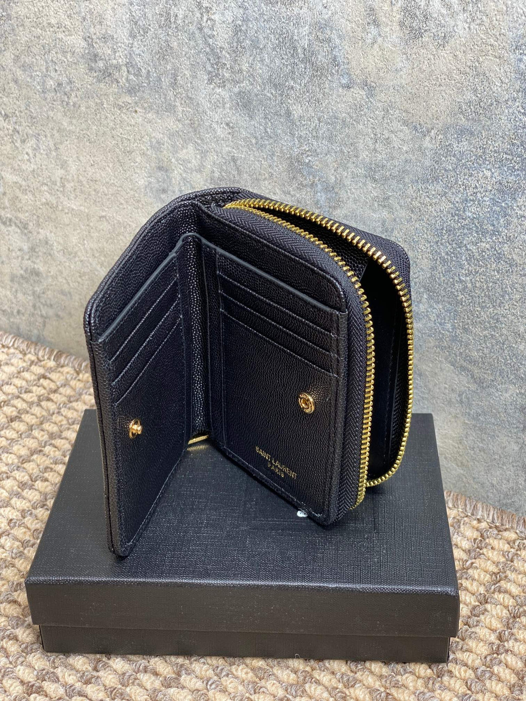 YSL Cassandre Matelassé Compact Zip-Around Wallet Black Caviar Cowhide GHW