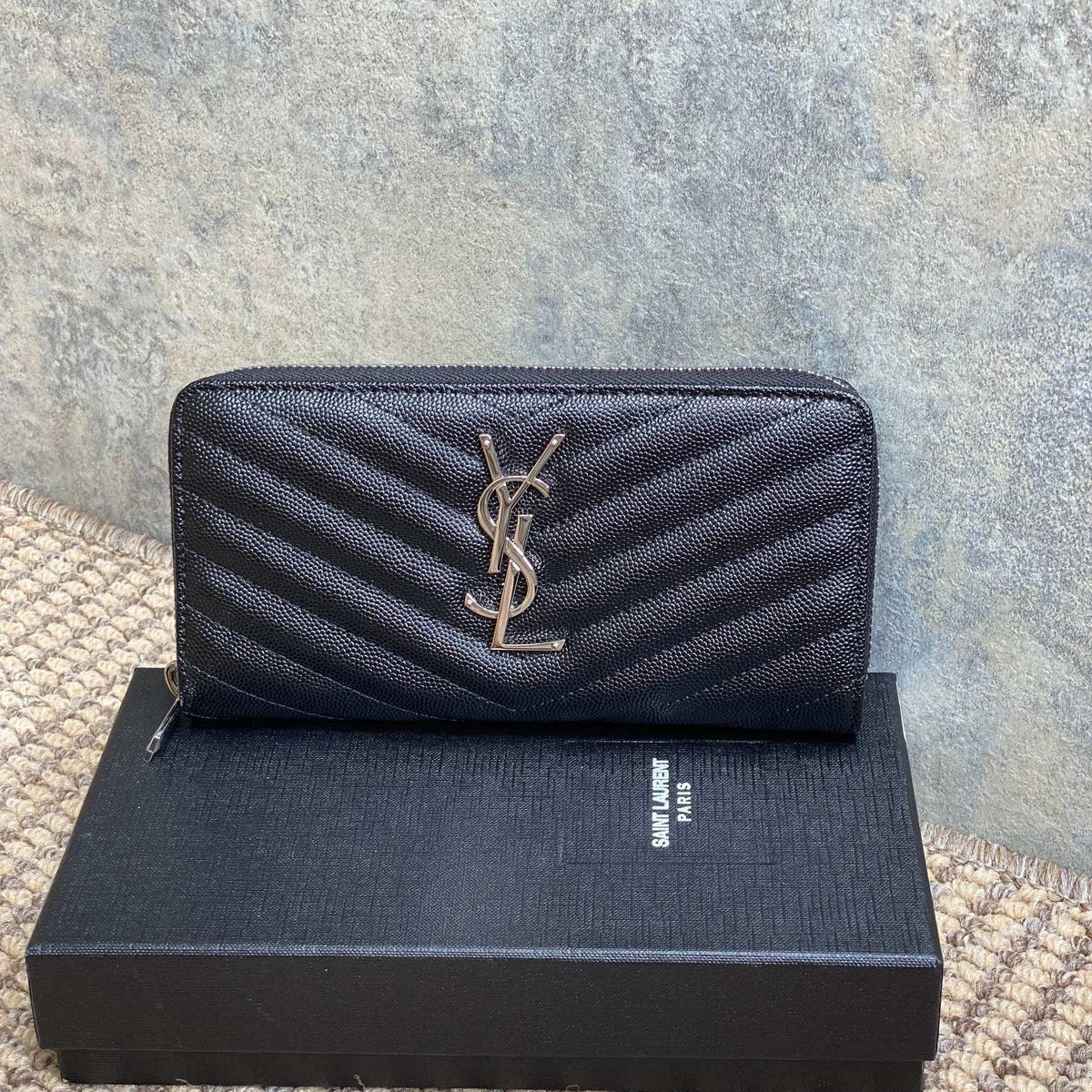 YSL Zippy Long Wallet Black Caviar Cowhide Sliver HW