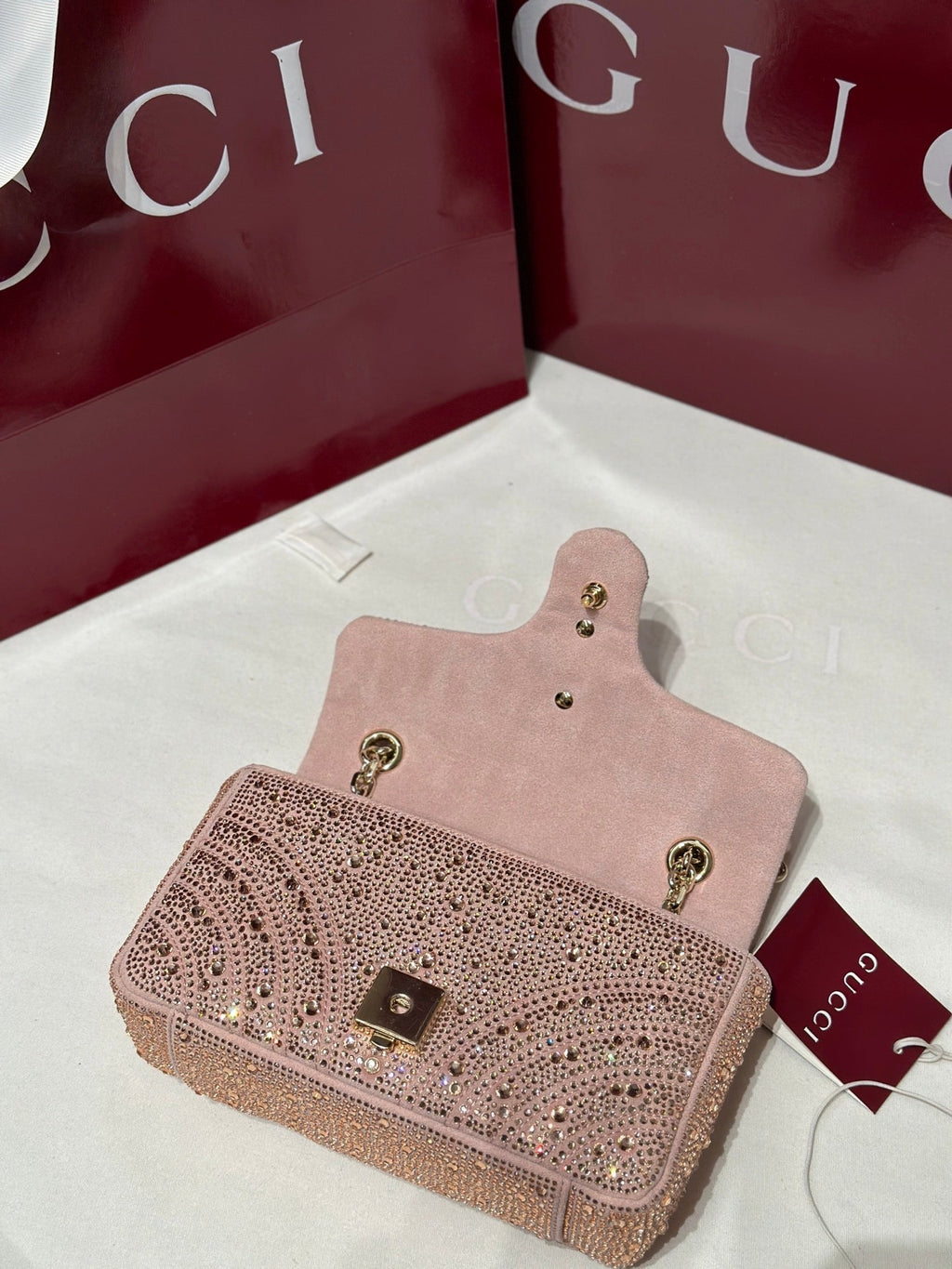 GG Marmont Crystals Small Shoulder Bag Pink Leather