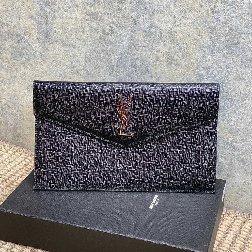 YSL 22s Uptown Pouch Clutch Bag Black Cowhide Sliver HW