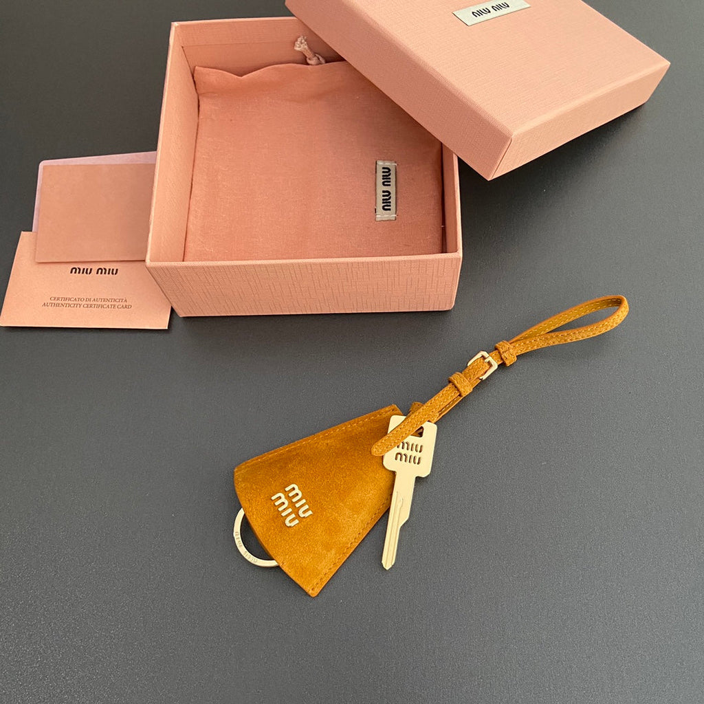 Leather Bag Charm With Key Yellow Orange Suede 240341