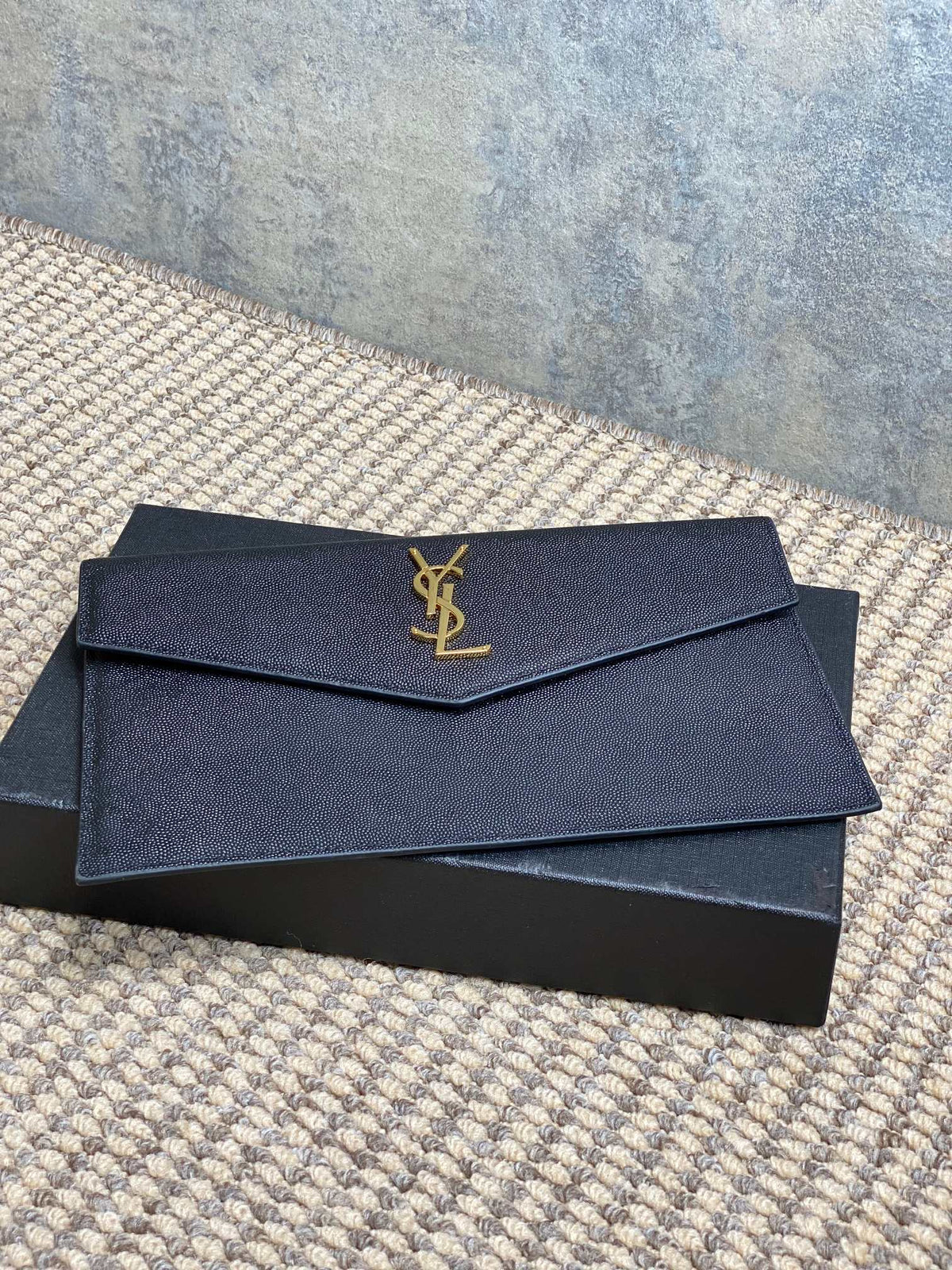 YSL 22s Uptown Pouch Clutch Bag Black Cowhide GHW